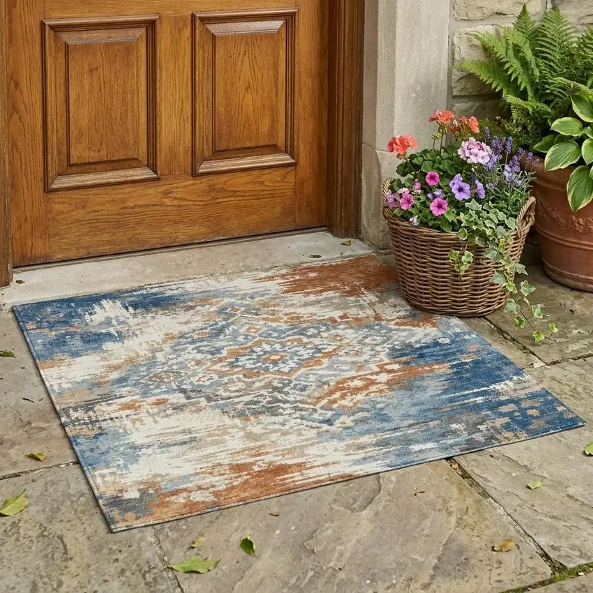 Cream And Ivory Medallion Washable Indoor Outdoor Area Rug Photo 1