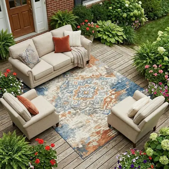 Cream And Ivory Medallion Washable Indoor Outdoor Area Rug Photo 1