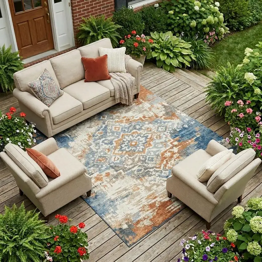 Cream And Ivory Medallion Washable Indoor Outdoor Area Rug Photo 1