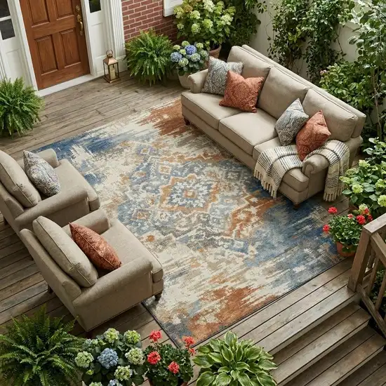 Cream And Ivory Medallion Washable Indoor Outdoor Area Rug Photo 1