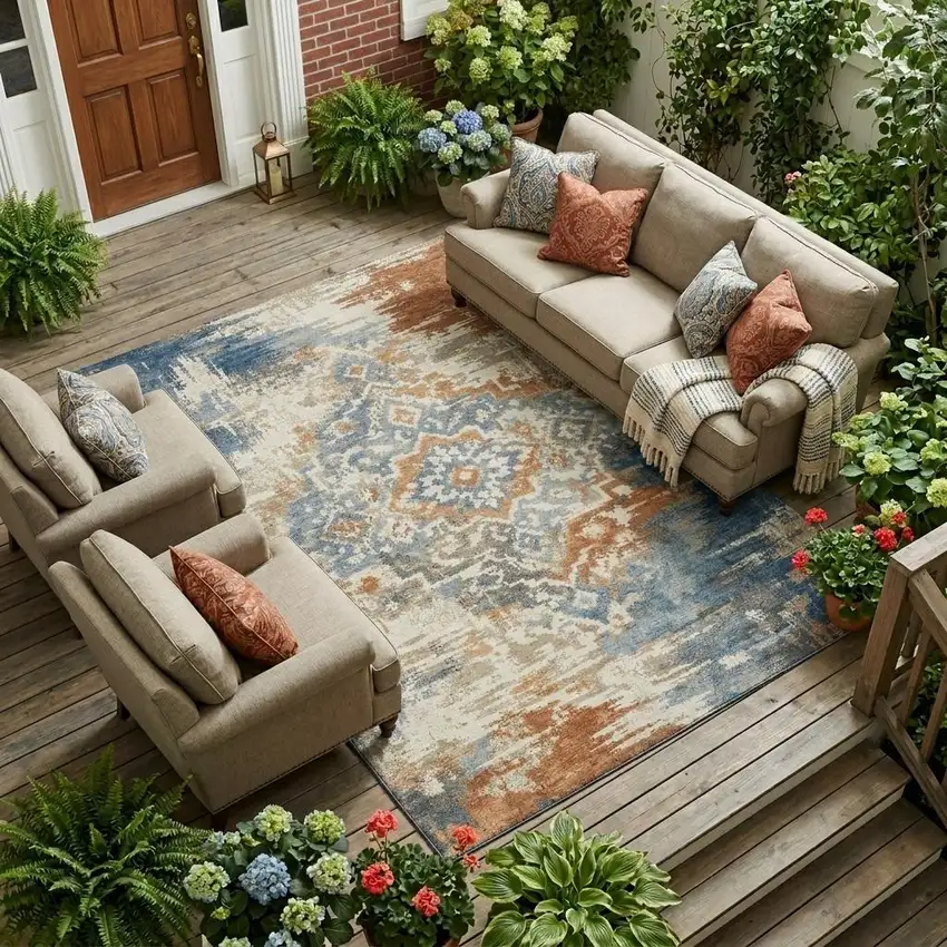 Cream And Ivory Medallion Washable Indoor Outdoor Area Rug Photo 1