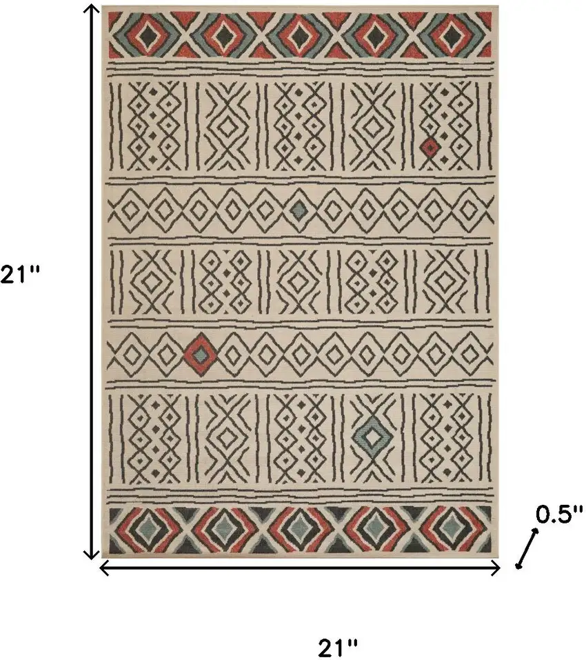 Cream And Ivory Tribal Square Rug Photo 3