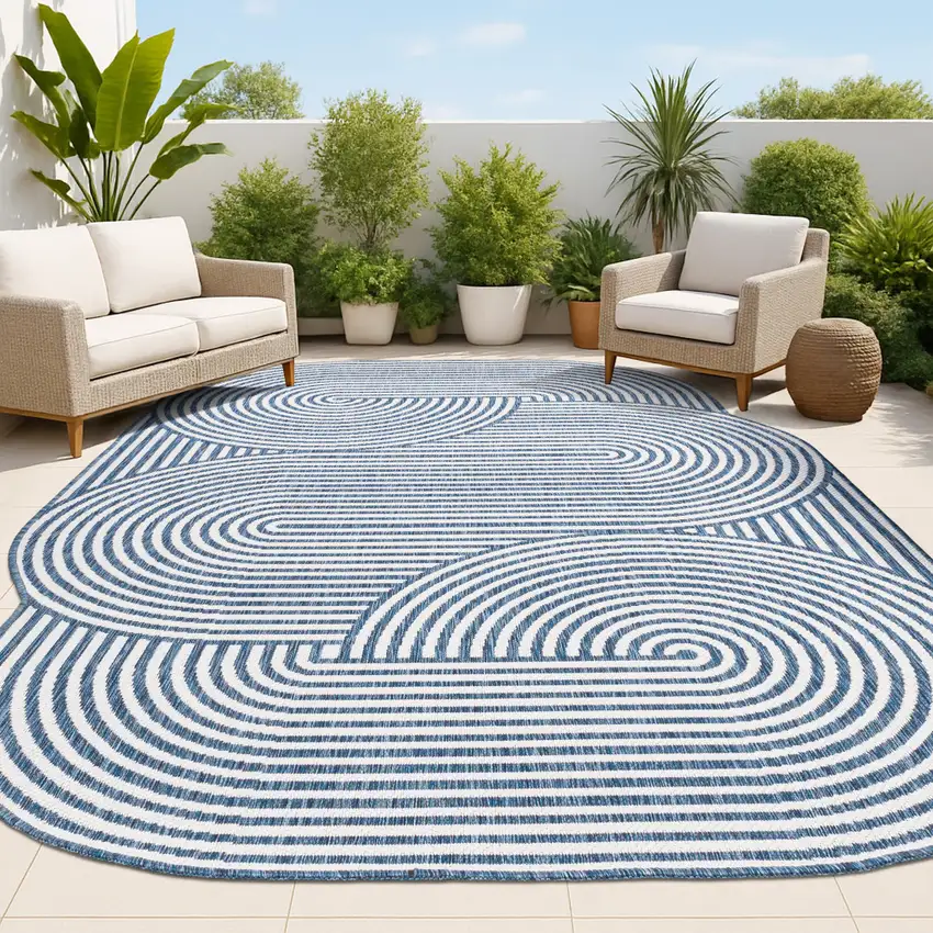 Cream And Navy Blue Abstract Indoor Outdoor Area Rug Photo 4