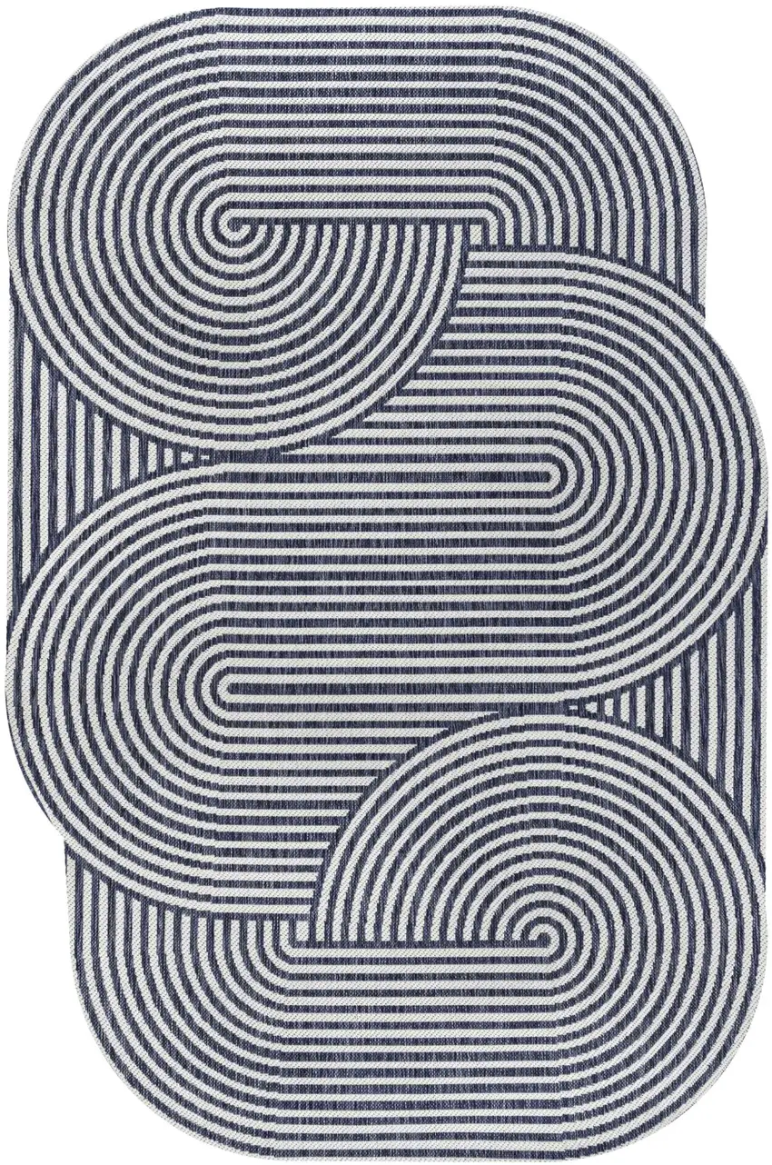 Cream And Navy Blue Abstract Indoor Outdoor Area Rug Photo 1