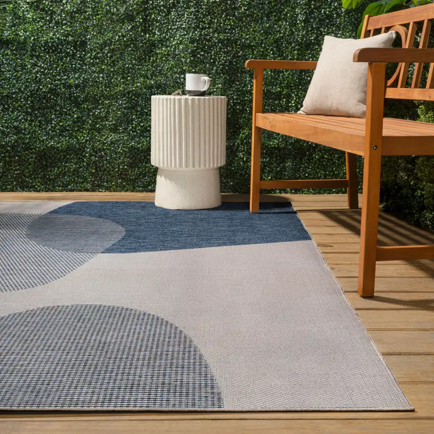 Cream And Navy Blue Geometric Indoor Outdoor Area Rug Photo 7