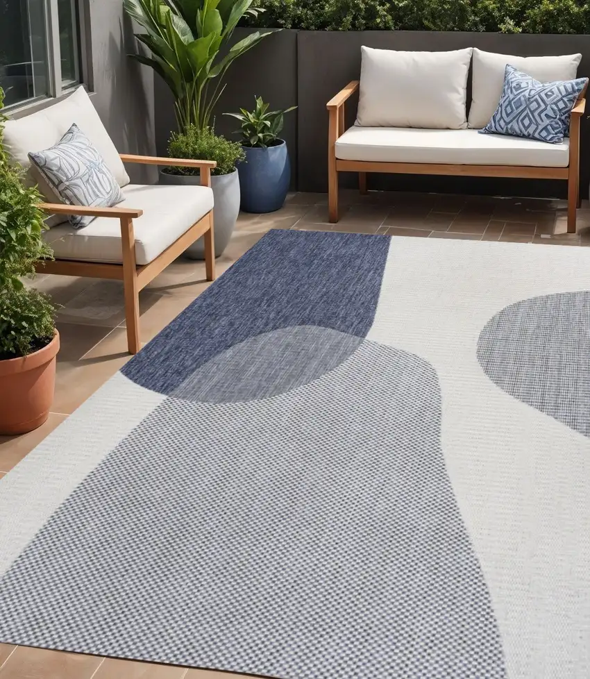 Cream And Navy Blue Geometric Indoor Outdoor Area Rug Photo 1
