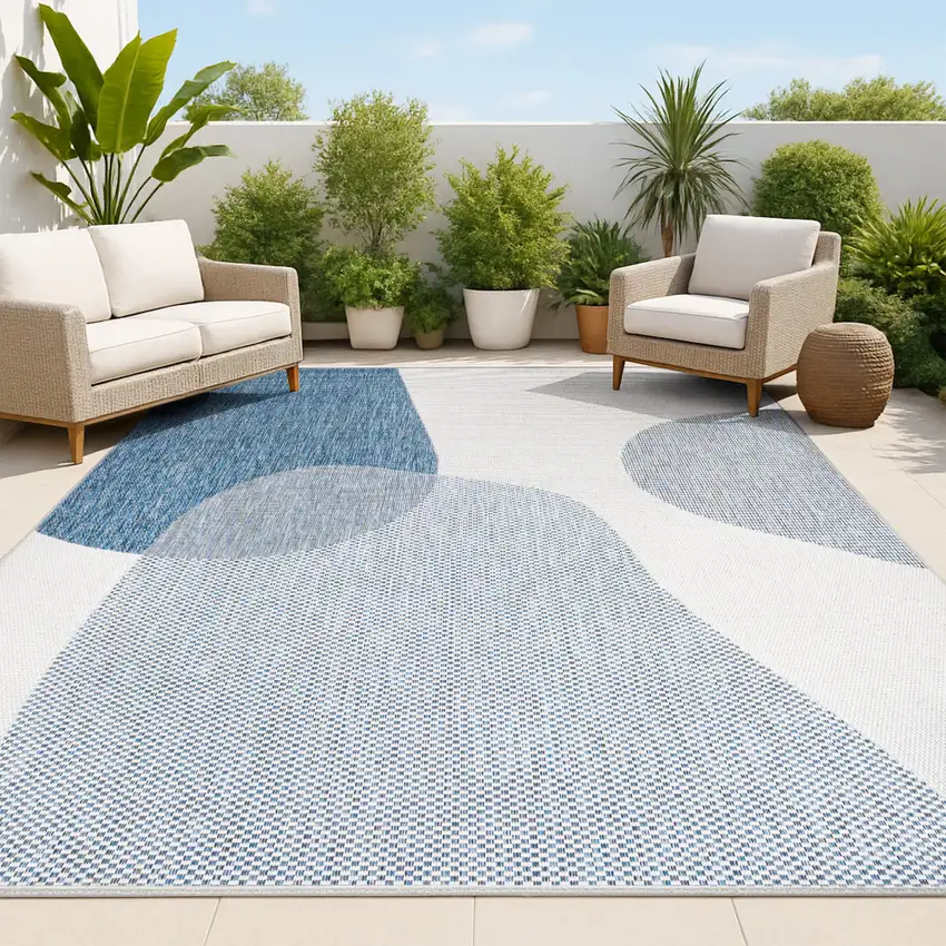 Cream And Navy Blue Geometric Indoor Outdoor Area Rug Photo 2