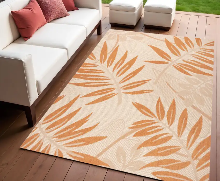 Cream And Orange Floral Indoor Outdoor Area Rug Photo 1