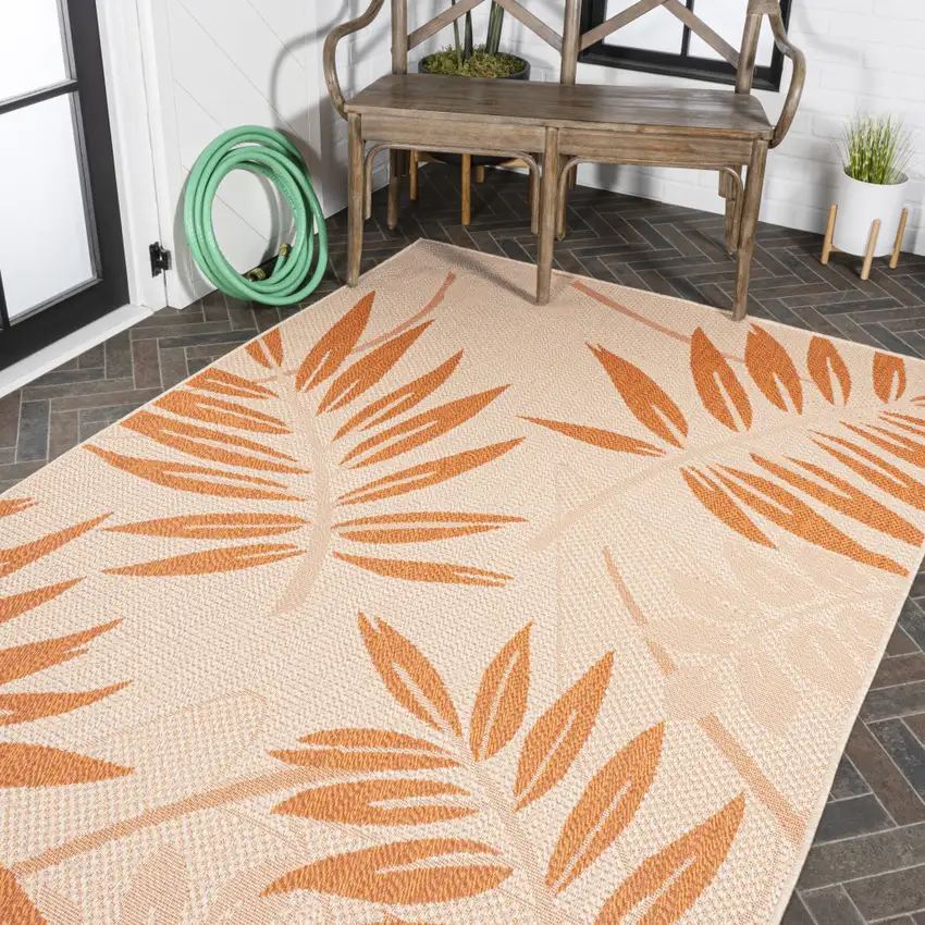 Cream And Orange Floral Indoor Outdoor Area Rug Photo 9