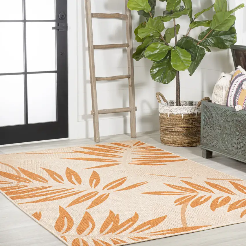 Cream And Orange Floral Indoor Outdoor Area Rug Photo 6