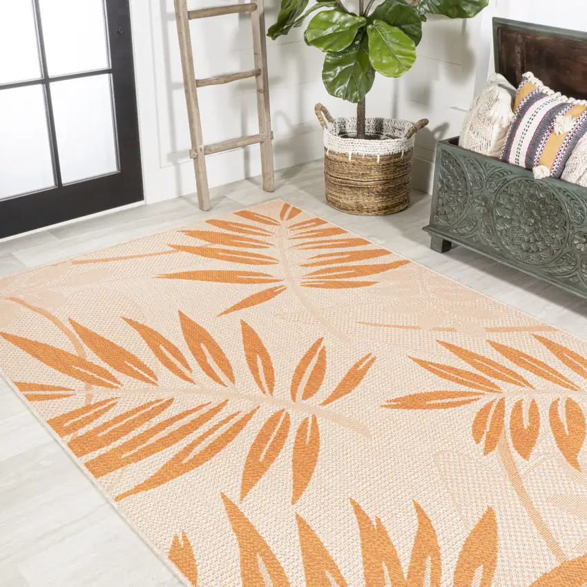 Cream And Orange Floral Indoor Outdoor Area Rug Photo 5