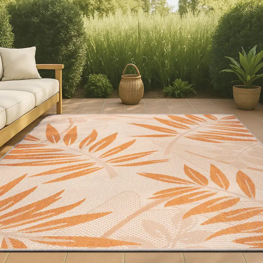 Cream And Orange Floral Indoor Outdoor Area Rug Photo 2