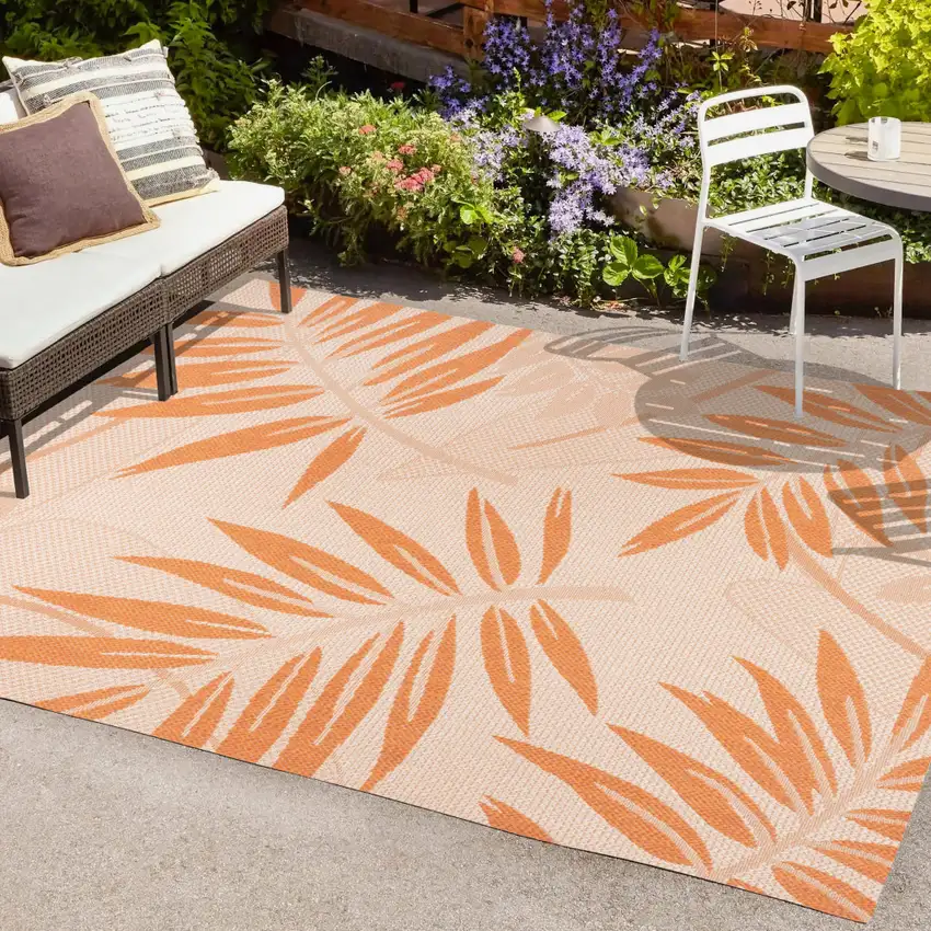 Cream And Orange Floral Indoor Outdoor Area Rug Photo 7