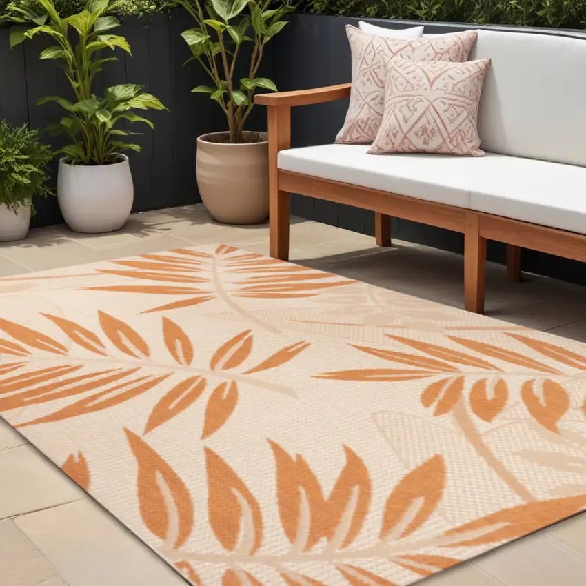 Cream And Orange Floral Indoor Outdoor Area Rug Photo 1