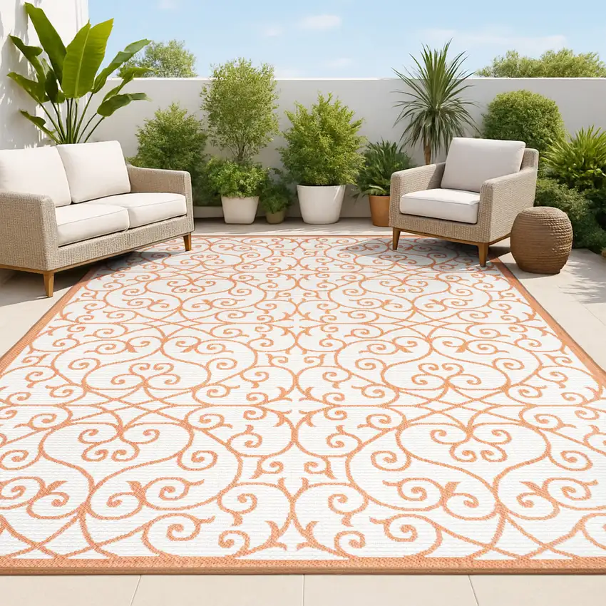 Cream And Orange Geometric Indoor Outdoor Area Rug Photo 4