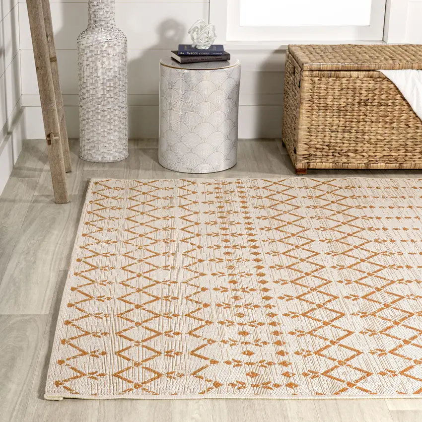 Cream And Orange Trellis Indoor Outdoor Area Rug Photo 6