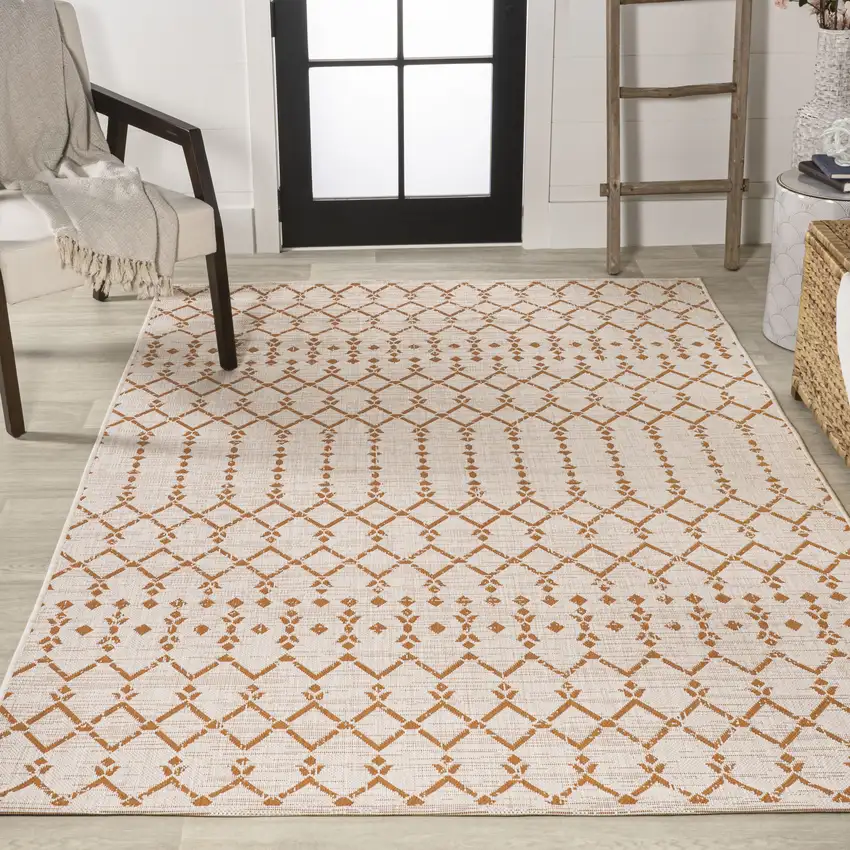 Cream And Orange Trellis Indoor Outdoor Area Rug Photo 7