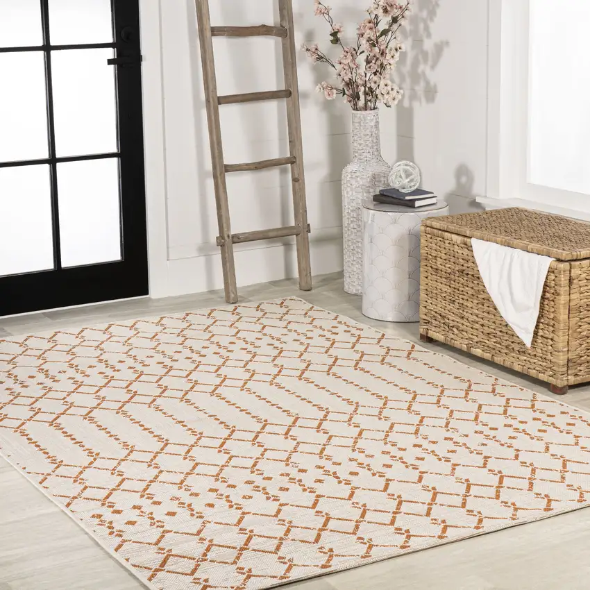 Cream And Orange Trellis Indoor Outdoor Area Rug Photo 8
