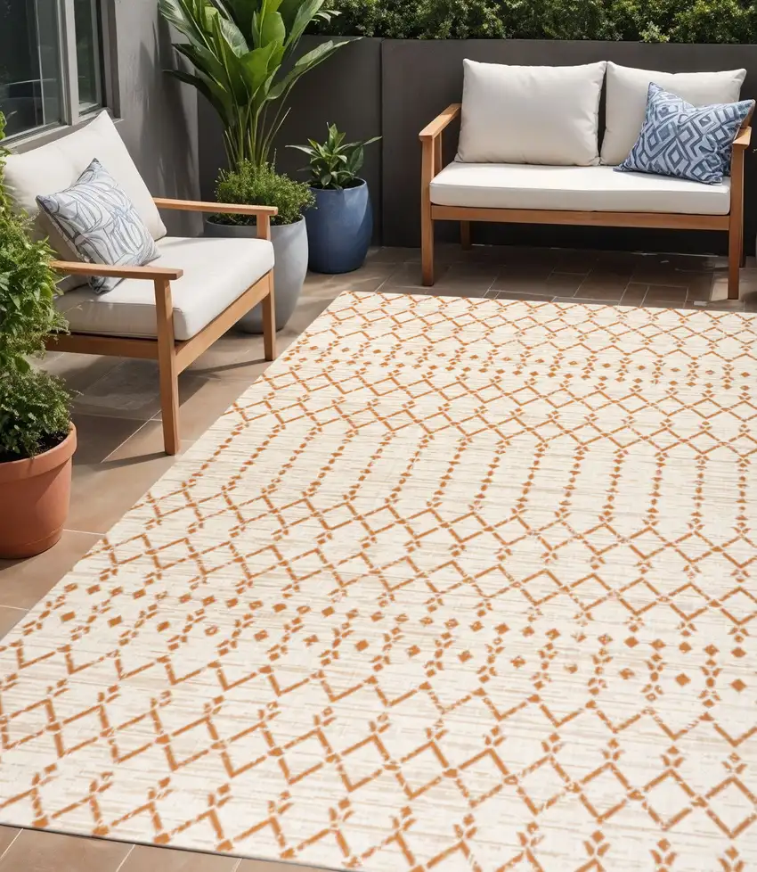 Cream And Orange Trellis Indoor Outdoor Area Rug Photo 1