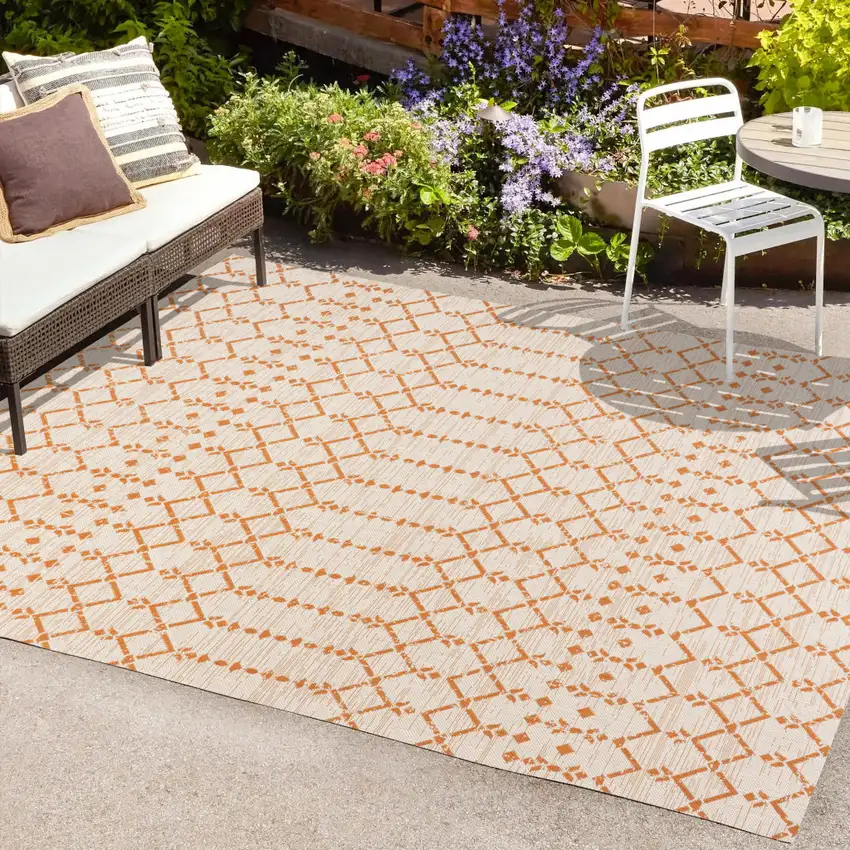 Cream And Orange Trellis Indoor Outdoor Area Rug Photo 9