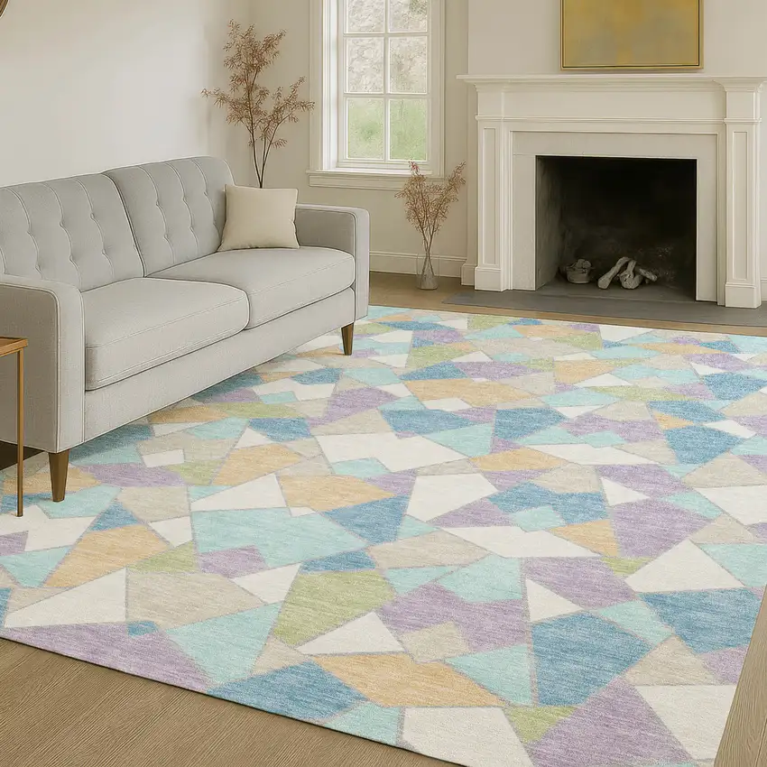 Cream And Teal Blue Geometric Washable Indoor Outdoor Area Rug Photo 6