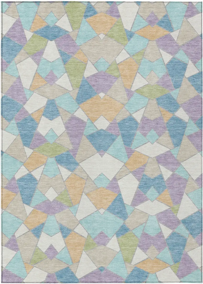Cream And Teal Blue Geometric Washable Indoor Outdoor Area Rug Photo 1