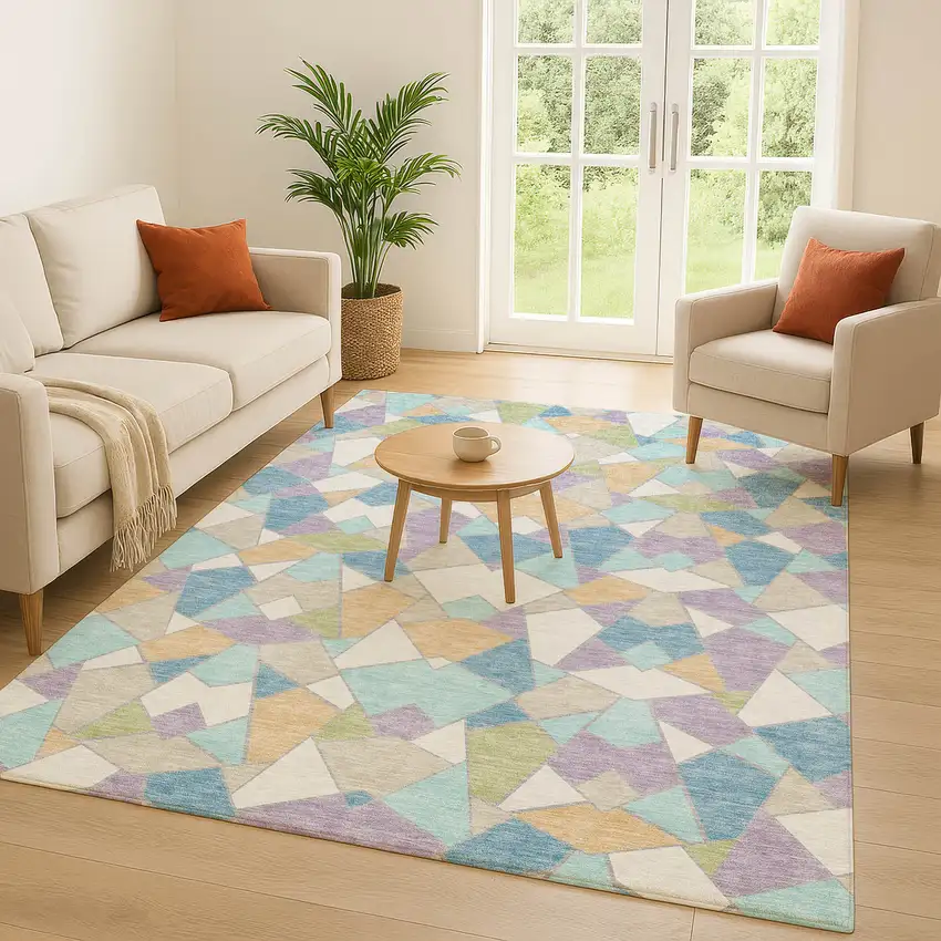 Cream And Teal Blue Geometric Washable Indoor Outdoor Area Rug Photo 5