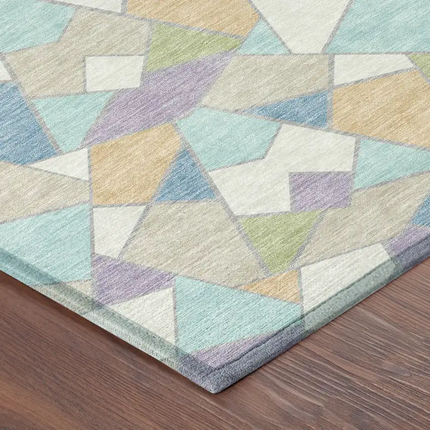 Cream And Teal Blue Geometric Washable Indoor Outdoor Area Rug Photo 8