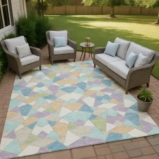 Cream And Teal Blue Geometric Washable Indoor Outdoor Area Rug Photo 4