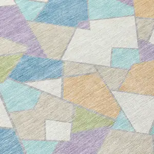 Photo of Cream And Teal Blue Geometric Washable Indoor Outdoor Area Rug