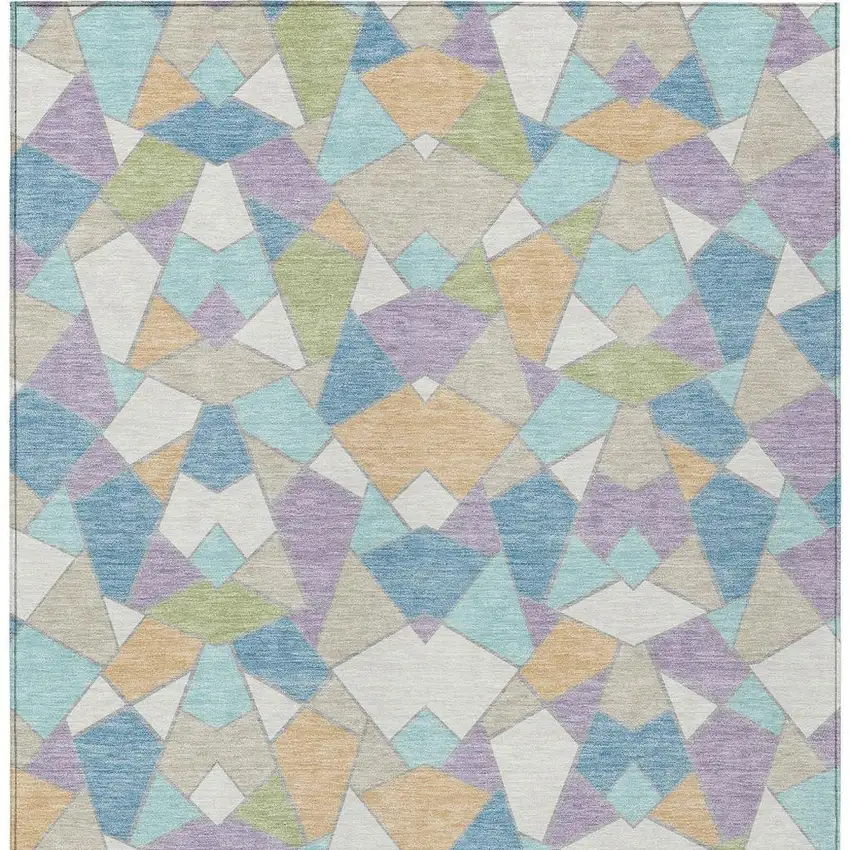 Cream And Teal Blue Geometric Washable Indoor Outdoor Area Rug Photo 3