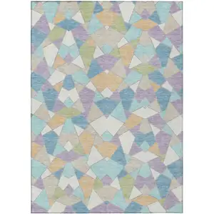 Photo of Cream And Teal Blue Geometric Washable Indoor Outdoor Area Rug