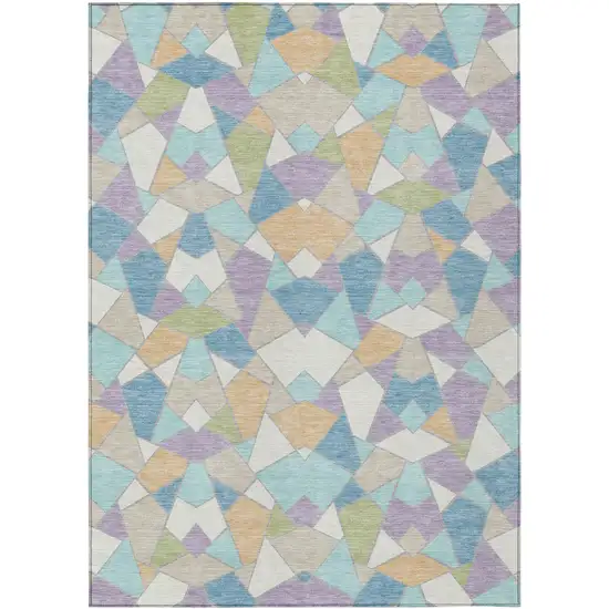 Cream And Teal Blue Geometric Washable Indoor Outdoor Area Rug Photo 1
