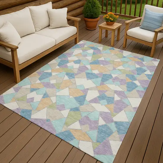 Cream And Teal Blue Geometric Washable Indoor Outdoor Area Rug Photo 7