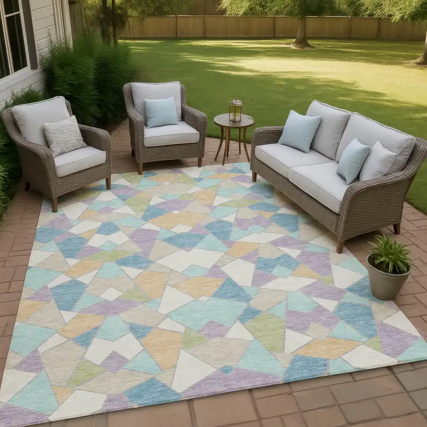 Cream And Teal Blue Geometric Washable Indoor Outdoor Area Rug Photo 4