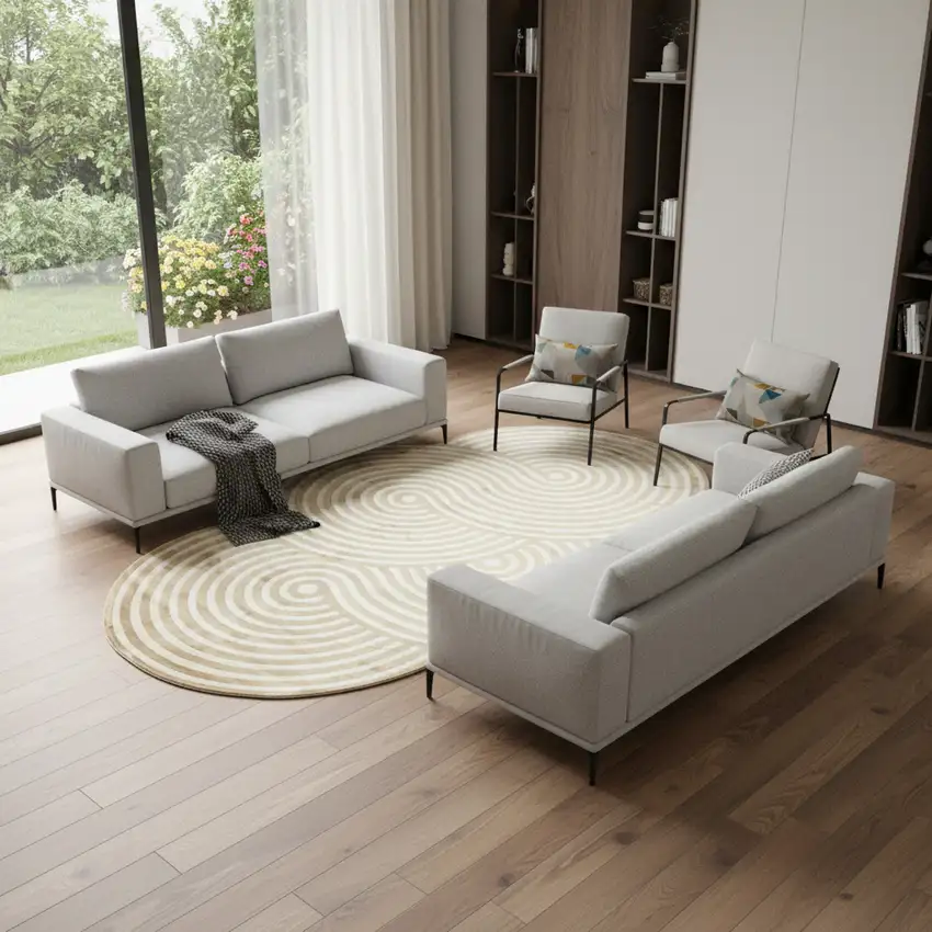 Cream And White Abstract Geometric Distressed Area Rug Photo 1