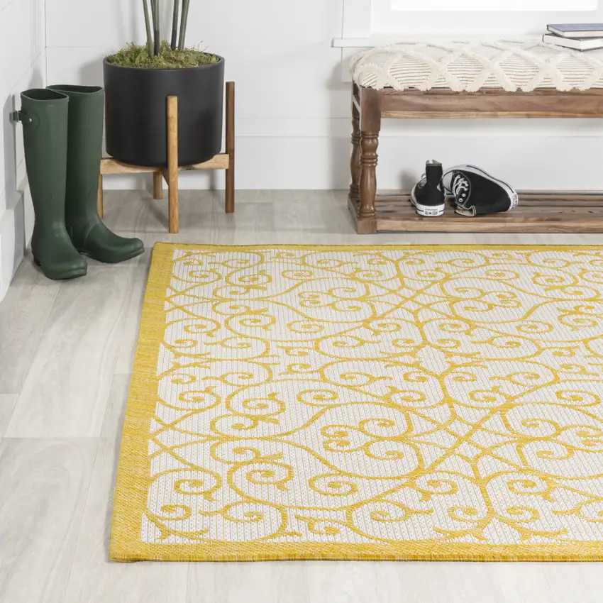 Cream And Yellow Geometric Indoor Outdoor Area Rug Photo 6