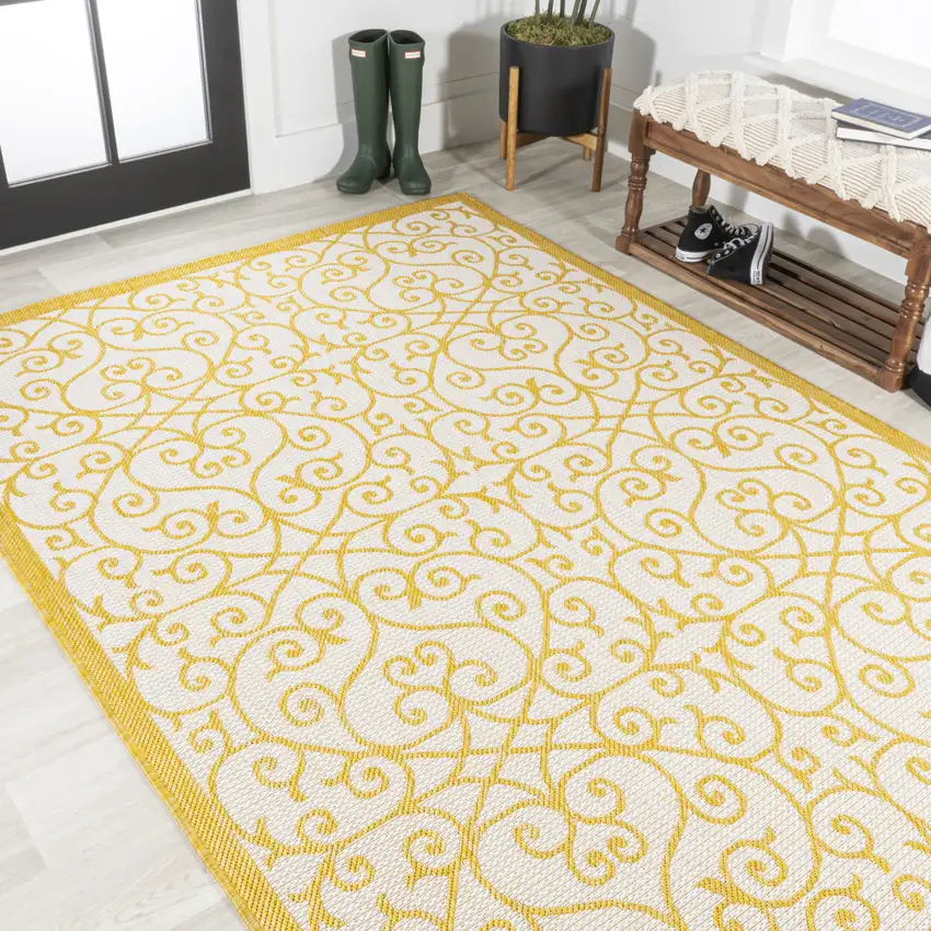Cream And Yellow Geometric Indoor Outdoor Area Rug Photo 7