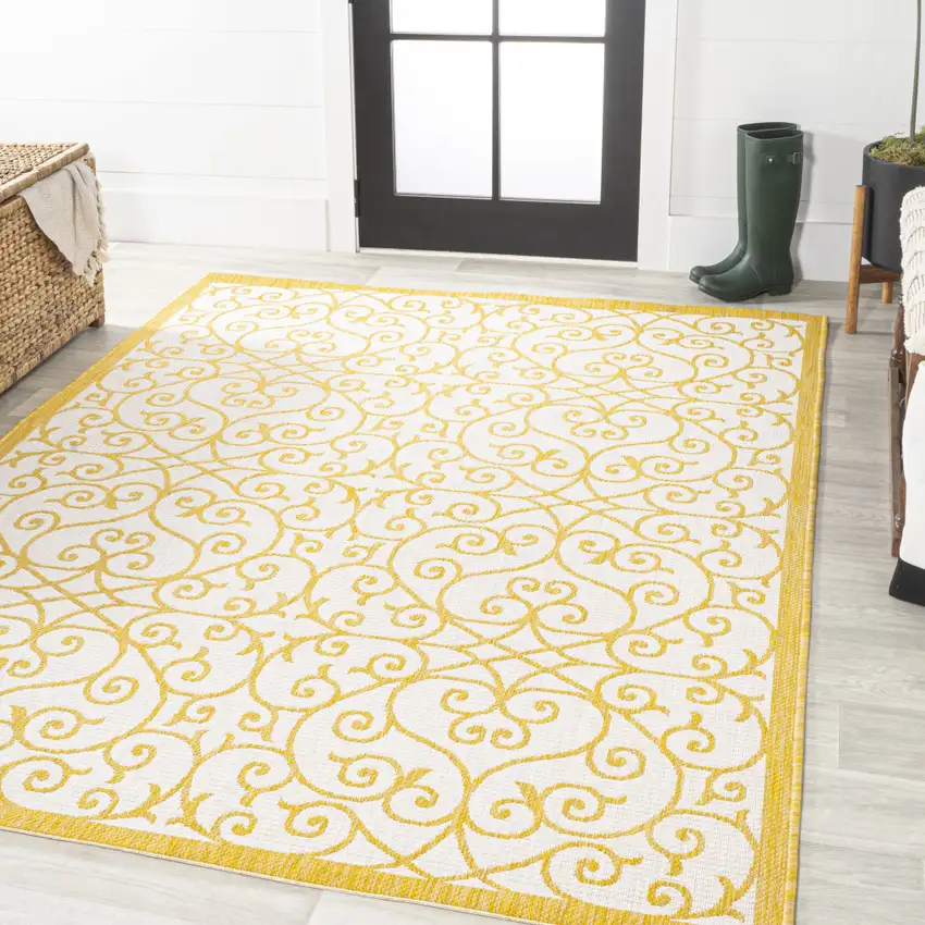 Cream And Yellow Geometric Indoor Outdoor Area Rug Photo 5