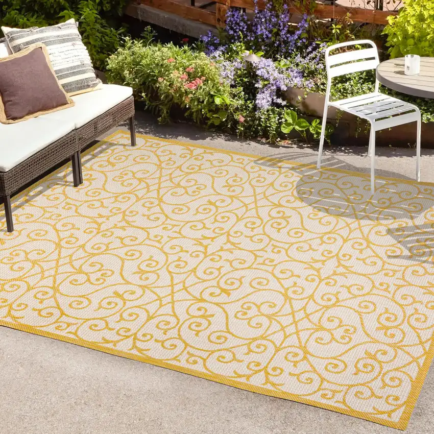 Cream And Yellow Geometric Indoor Outdoor Area Rug Photo 9