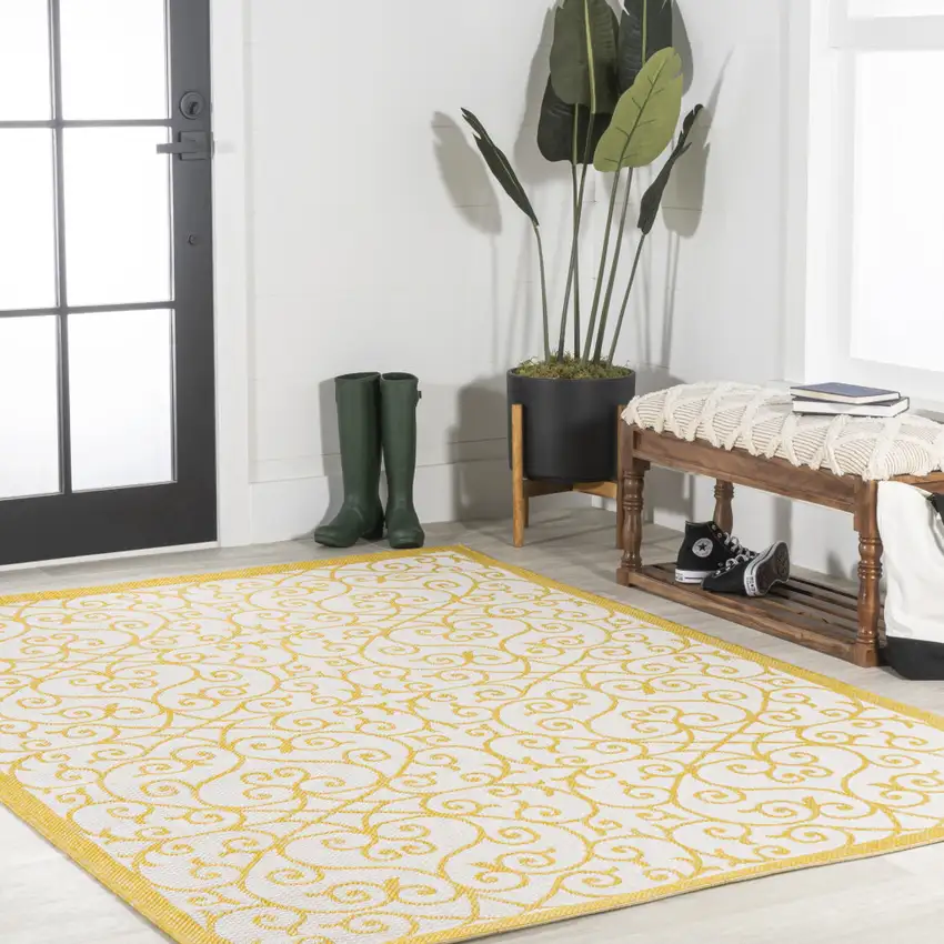 Cream And Yellow Geometric Indoor Outdoor Area Rug Photo 8