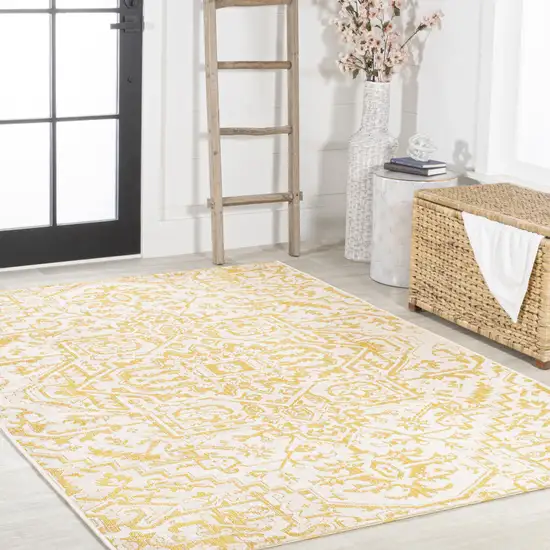 Cream And Yellow Medallion Indoor Outdoor Area Rug Photo 8