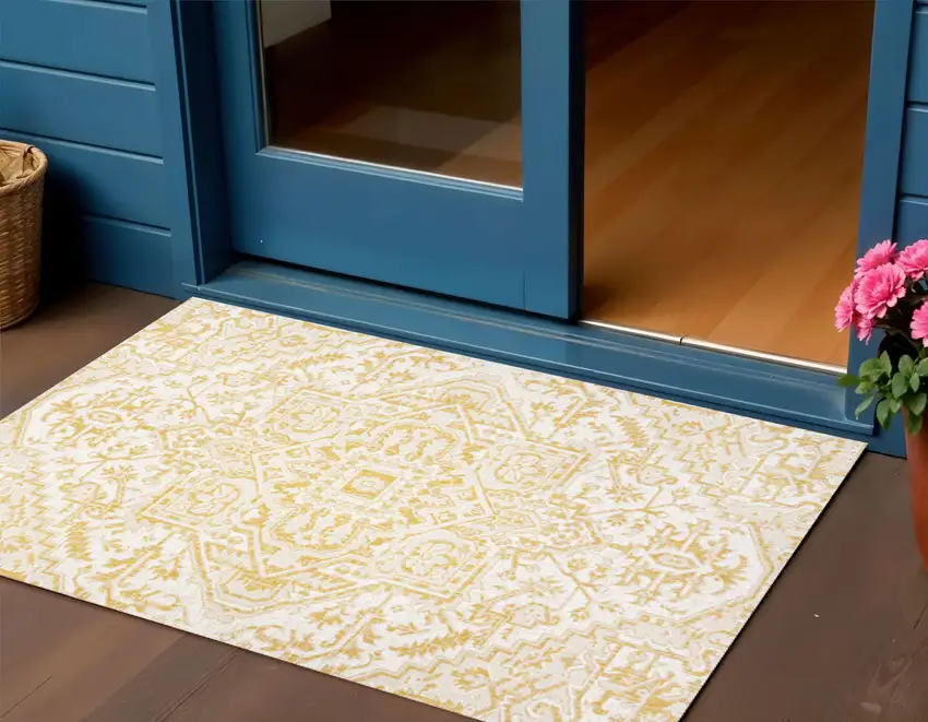 Cream And Yellow Medallion Indoor Outdoor Area Rug Photo 1