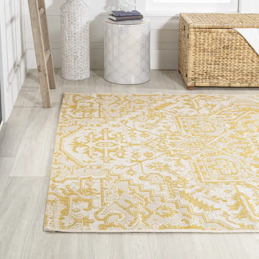 Cream And Yellow Medallion Indoor Outdoor Area Rug Photo 6