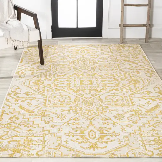 Cream And Yellow Medallion Indoor Outdoor Area Rug Photo 7
