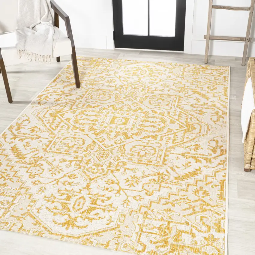Cream And Yellow Medallion Indoor Outdoor Area Rug Photo 5
