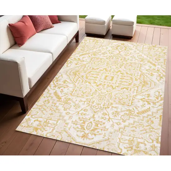 Cream And Yellow Medallion Indoor Outdoor Area Rug Photo 1