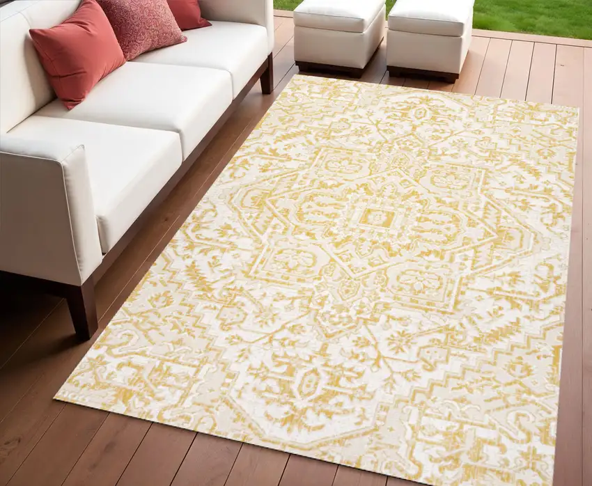 Cream And Yellow Medallion Indoor Outdoor Area Rug Photo 1