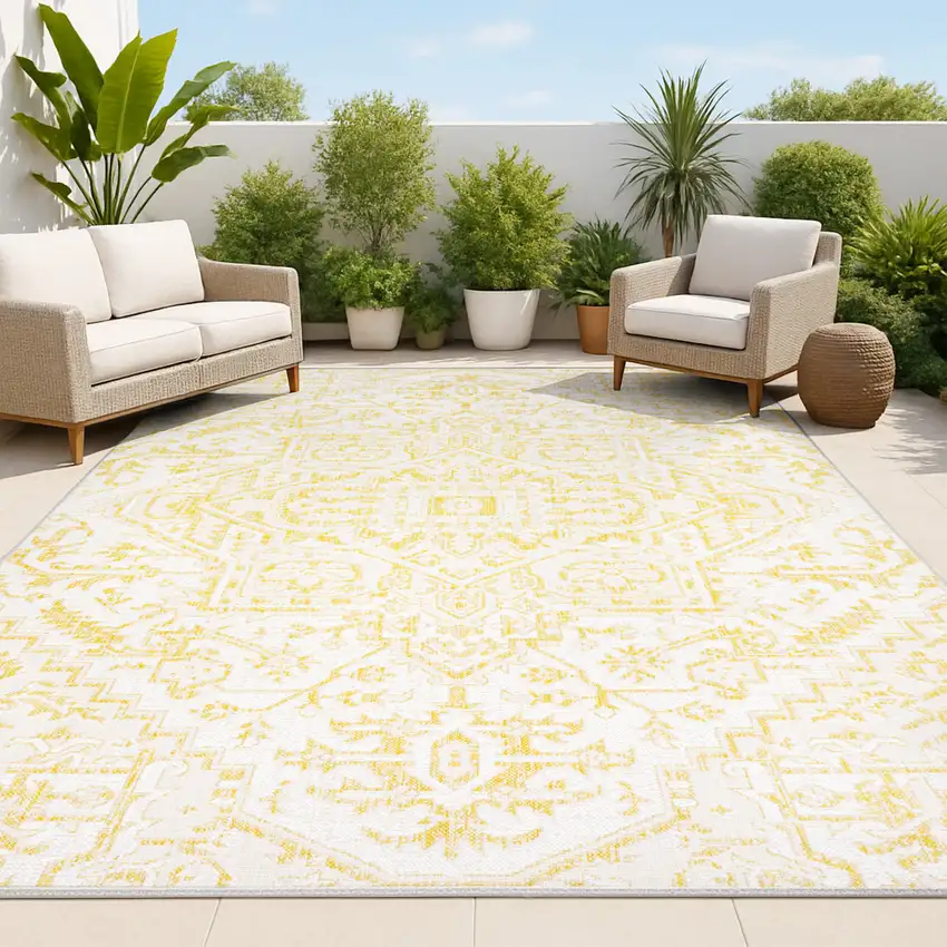 Cream And Yellow Medallion Indoor Outdoor Area Rug Photo 4