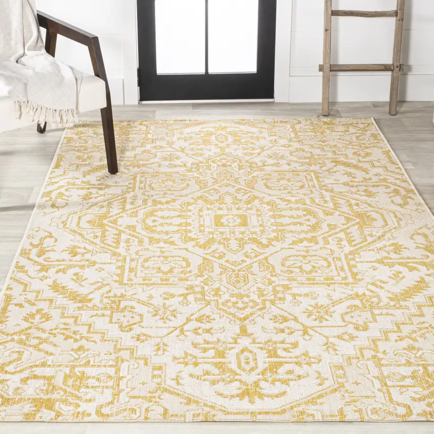 Cream And Yellow Medallion Indoor Outdoor Area Rug Photo 7
